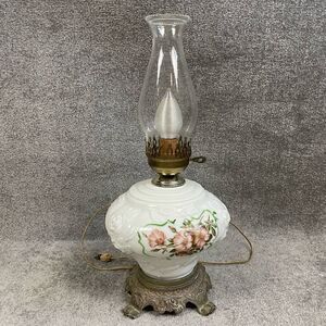 Antique Milk Glass Cherry Blossoms Floral Glass Oil Hurricane Lamp Hedco NY